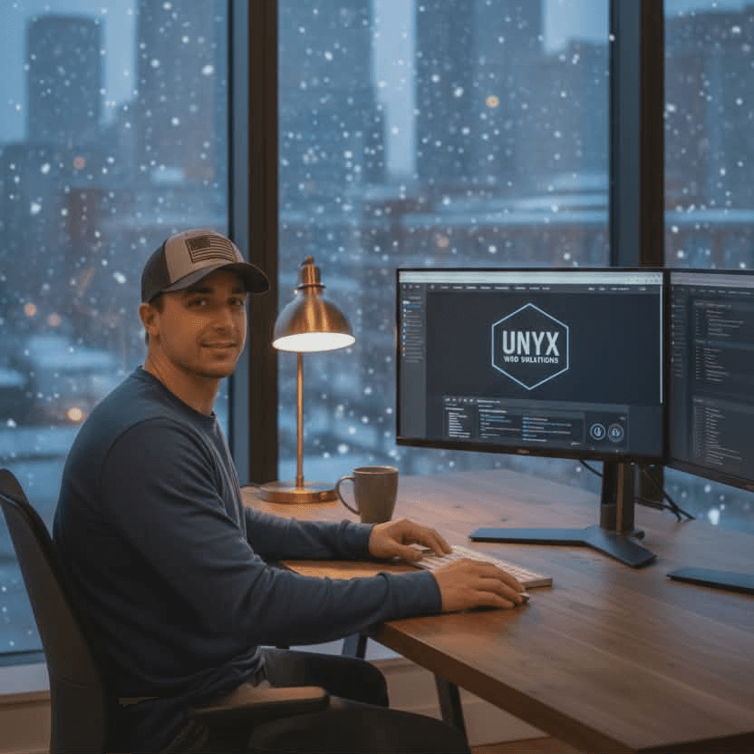 Luke Vasilion, founder of Unyx Web Solutions, at his desk building custom websites